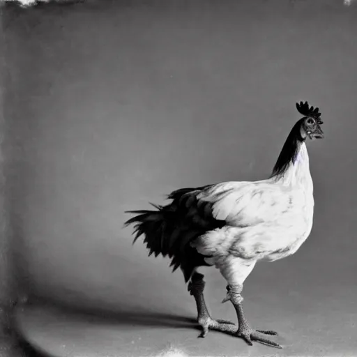 Image similar to A black and white 1900's photo of a chicken, close up, high detail, realistic.