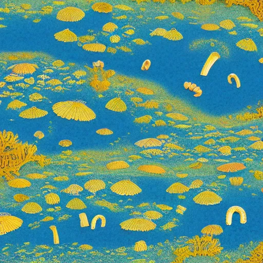 Image similar to a beautiful detailed matte painting of seaweed growing out of strange School bus yellow mushrooms, pattern, fractals, moebius, trending on artstation