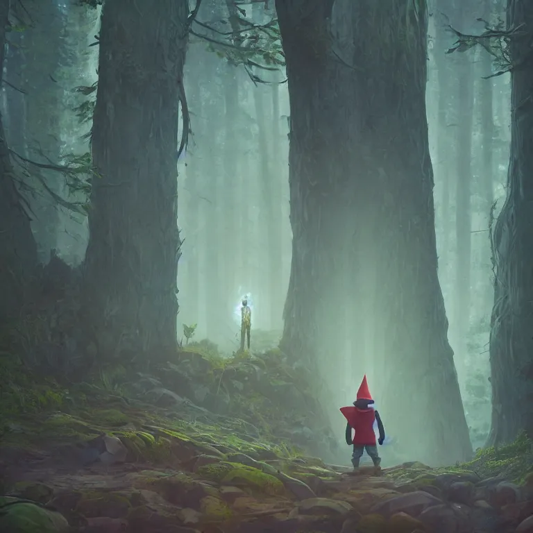 Prompt: a forest gnome standing in front of a portal. Detailed digital matte painting in the style of simon stalenhag