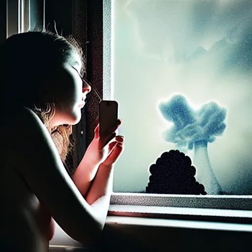 Prompt: teenage girl sitting at bedroom window staring down at her phone, a mushroom cloud outside lights the side of her face, intimate, dark, surreal photography