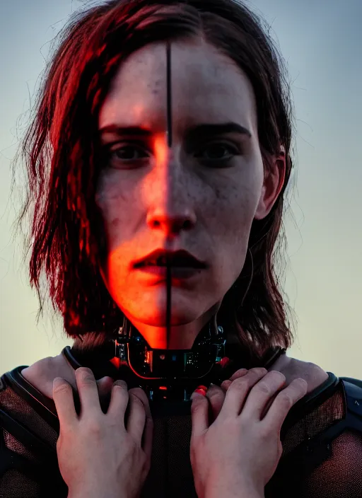 Image similar to cinestill 5 0 d photographic portrait of two loving female androids wearing rugged black mesh techwear on a desolate plain with a red sky, extreme closeup, cyberpunk style, garters, dust storm, 8 k, hd, high resolution, 3 5 mm, f / 3 2, ultra realistic faces, ex machina