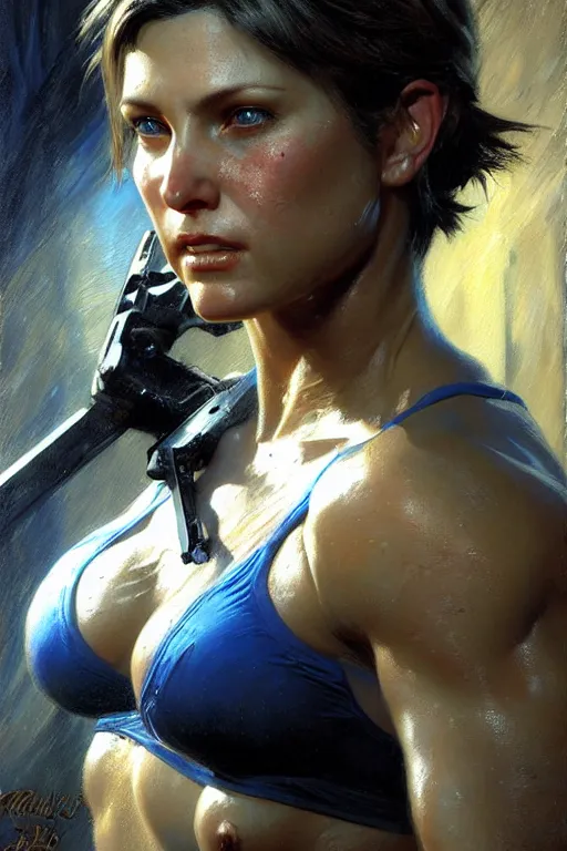 Image similar to muscular sweat jill valentine, covers with mud exhausted face close up, highly detailed painting by gaston bussiere, craig mullins, j. c. leyendecker 8 k