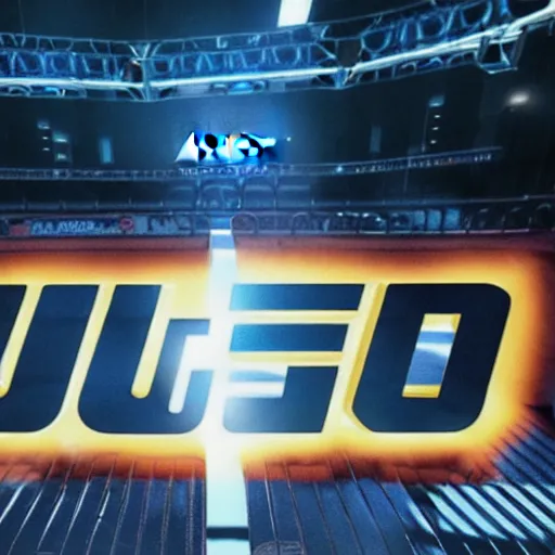 Image similar to the UFC logo in 3D glowing bright in the dark with fireflies around, hyper realistic, Octane render, Unreal Engine 3D