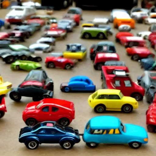 Image similar to a badly lit photo taken by an old phone of a box full of toy cars.