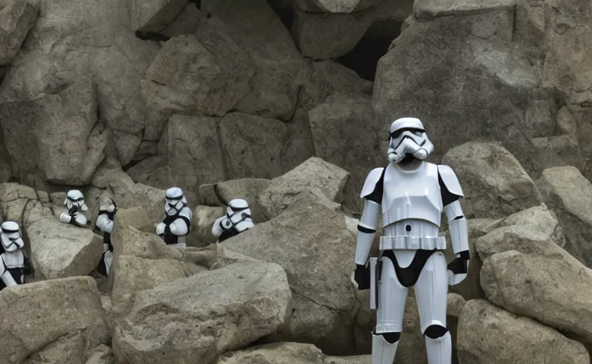 Image similar to screenshot portrait of Luke Skywalker, played by Mark Hammill, in a graveyard of stormtroopers, outside a rocky Jedi Temple scene from The Force Awakens, 1980s film by Stanley Kubrick, moody lighting, stunning cinematography, hyper-detailed, sharp, anamorphic lenses, kodak color film, 4k