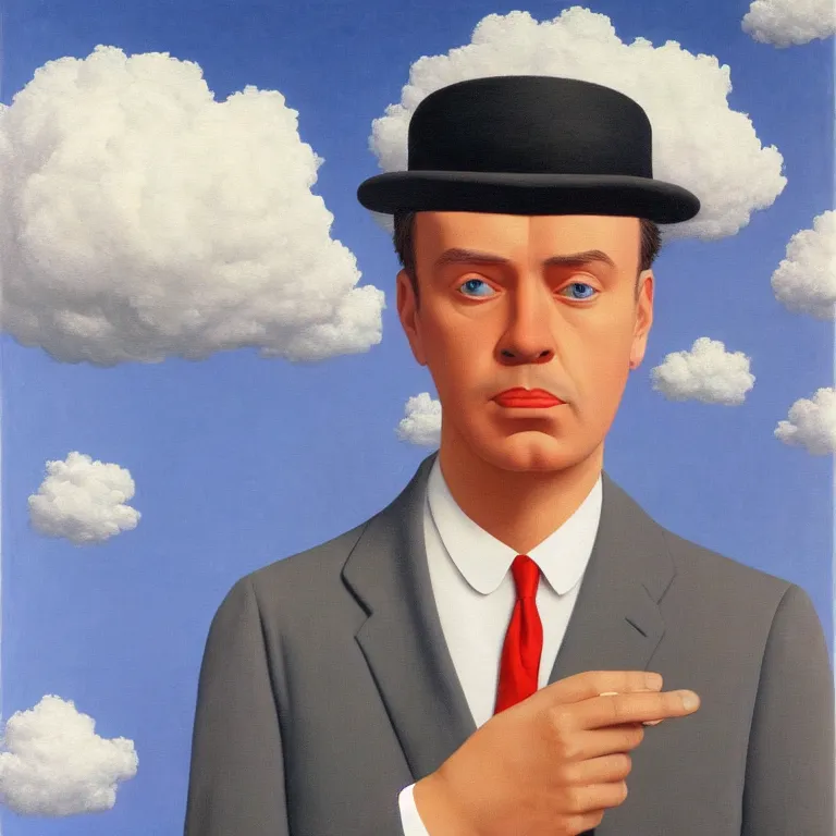 Prompt: portrait of a man made out of clouds in a suit, by rene magritte, detailed painting, hd, hq, high resolution, high detail, 4 k, 8 k