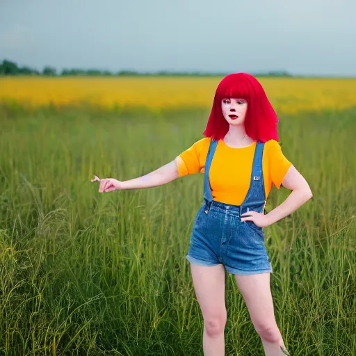 Image similar to misty from pokemon, orange hair in a side ponytail, wearing a yellow shiort sleeved crop top, blue denim short shorts with red suspenders on top, standing in a field, by gottfried helnwein, dslr full body portrait, sigma 8 5 mm f 1. 8