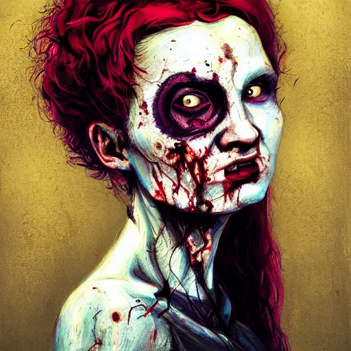 Prompt: color head portrait of singer alison shaw from the band called the cranes as a zombie, 7 days to die zombie, gritty background, fine art, award winning, intricate, elegant, sharp focus, cinematic lighting, digital painting, 8 k concept art, art by michael hussar, art by brom, art by guweiz and z. w. gu, 8 k
