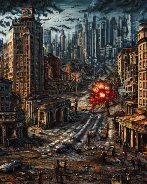 Image similar to oil painting landscape of a zombie apocalypse city, high production value, intricate details, high resolution, hdr, high definition, masterpiece, realistic, ultrarealistic, highly detailed, hd, sharp focus, non blurry, sharp, smooth