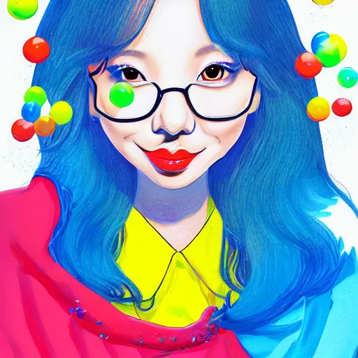 Image similar to an illustration that caricaturizes im nayeon of twice, colorful, bubbles, candy - coated, sugary sweet, yellows and blues