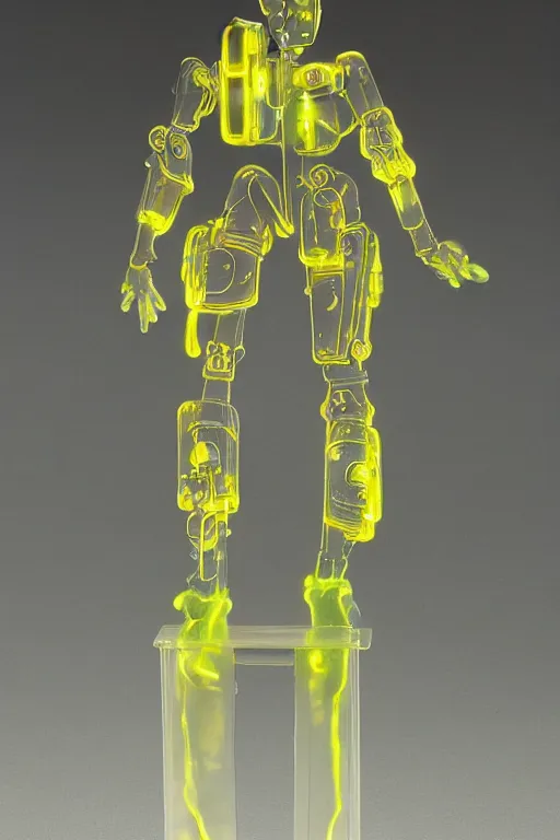 Prompt: a intricate anime figurine that looks like a transparent plastic robot with a lot of fluo colored details with yellow smoke, moody light, flemish painting