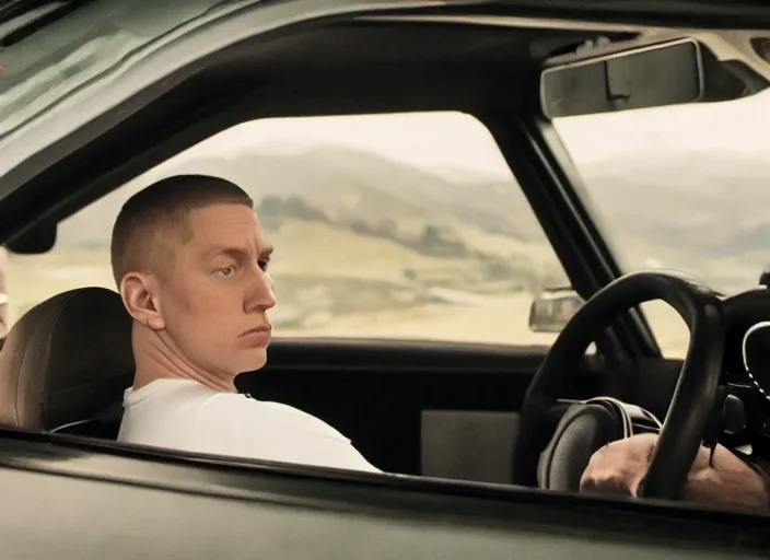 Prompt: a very high resolution image from a new movie, eminem driving a car. inside of a car. alone. mountains, directed by wes anderson