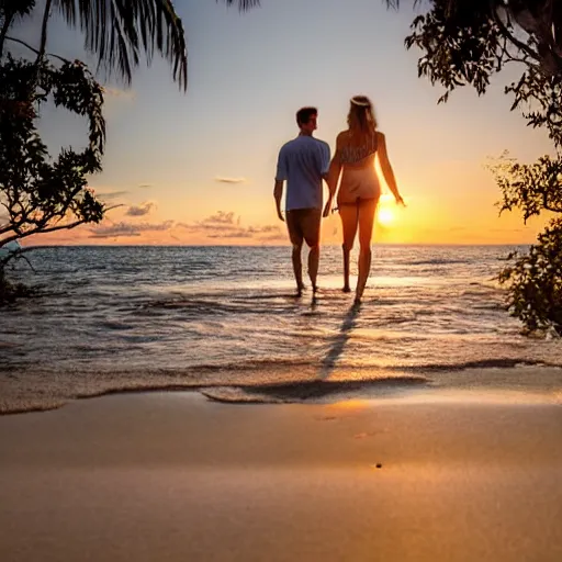 Prompt: Couple in their early thirties walking down a secluded beach during the golden hour quietly contemplating the newfound beauty discovered inside the other person while growing ever more deeply in trust and love between each other. Pictures from behind with sunset in background, stunning photography, 8k resolution