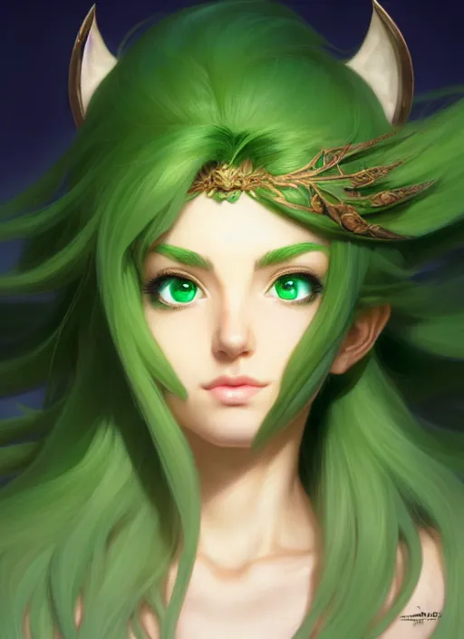 Image similar to portrait, from left, head and body, palutena, piercing green eyes, green hair, concept art, unreal engine, by rossdraws, frank franzzeta, intricate, masterpiece, elegant, hyper, concept art, smooth, sharp focus, illustration, art by artgerm and greg rutkowski and alphonse mucha and garis edelweiss