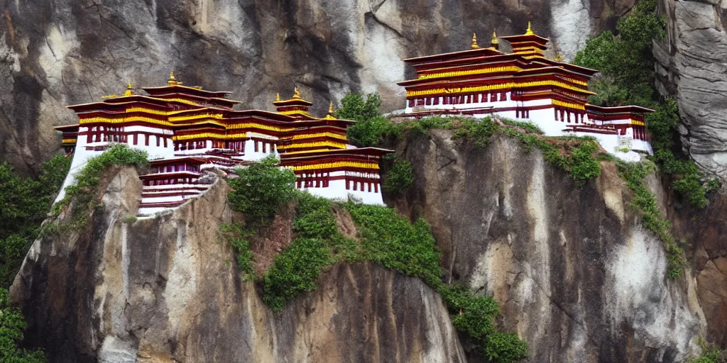 Image similar to Tibetan Buddhist monastery built inside of steep rock cliff, , highly detailed, hyper realistic