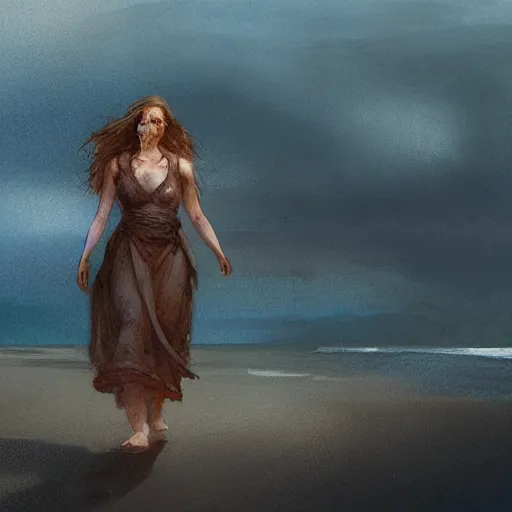 Prompt: A beautiful woman walking on the beach towards the viewer, high detail, 8K illustration, dynamic lighting, concept art, beautiful facial features, long hair, blue eyes sunny, art by Leesha Hannigan and Greg Rutkowski,