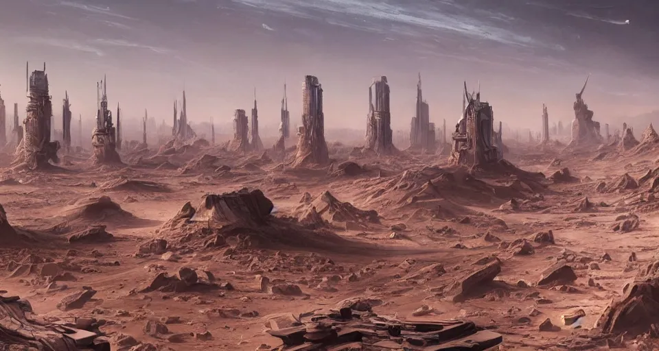 Prompt: hyper realistic sci - fi matte concept art painting of city on mars with towers made of giant stacks of disks, beautiful details, strong composition painted by kim jung guweta studio rutkowski, james gurney and greg rutkowski, and lucasfilm, smooth, intricate, detailed, sharp focus, cinematic