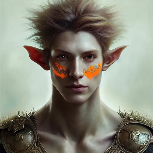 Prompt: portrait painting of an elven young man with short light orange hair and tribal tattoos on cheekbones wearing fur armor, ultra realistic, concept art, intricate details, eerie, highly detailed, photorealistic, octane render, 8 k, unreal engine. art by artgerm and greg rutkowski and charlie bowater and magali villeneuve and alphonse mucha