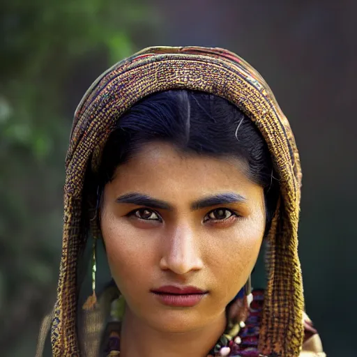 Image similar to vintage portrait of a stunningly beautiful nepali female, dark eyes, dark hair, olive skin, depth of field, zeiss lens, detailed, symmetrical, centered, fashion photoshoot, by edward s curtis, Annie Leibovitz and Steve McCurry, David Lazar, Jimmy Nelsson, Breathtaking, 8k resolution, extremely detailed, beautiful, establishing shot, artistic, hyperrealistic, beautiful face, octane render