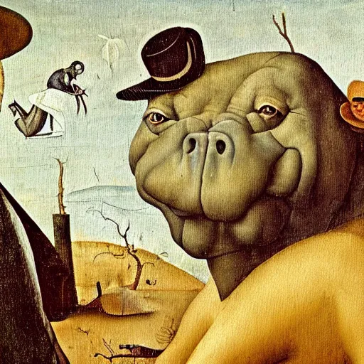 Prompt: oil painting by hieronymous bosch of a hippopotamus and a man wearing a hat.