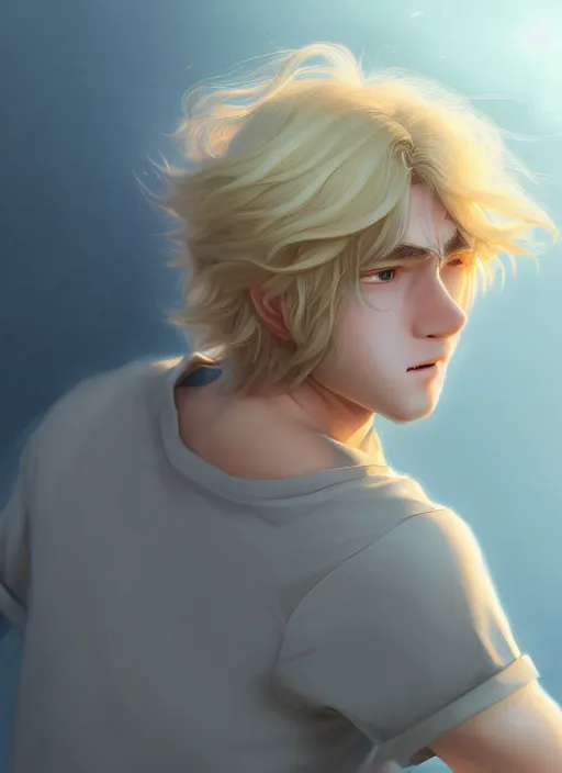 Image similar to young man with medium - length, curly, golden hair, perfectly proportioned face, aquamarine eyes, cry, natural lighting, path traced, highly detailed, high quality, cartoon, digital painting, by new haicheng and studio ghibli