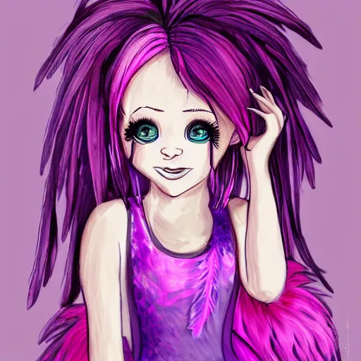 Prompt: little girl with eccentric pink hair wearing a dress made of purple feather, art by dcwj