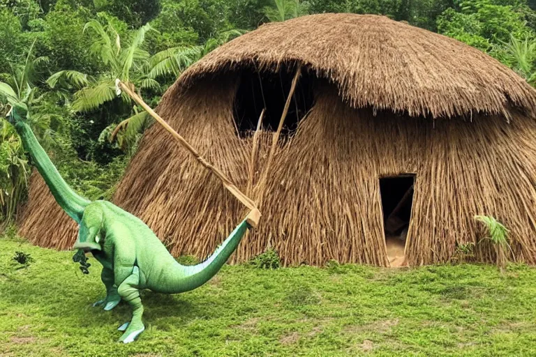 Image similar to 4 meter tall unknown living herbivore dinosaur destroying hut by eating the straw roof in a small jungle settlement, shaky grainy amateur photos by witnesses