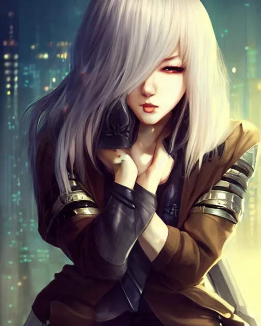 Image similar to The successful warrior is the average man, with laser-like focus, artwork by artgerm, anime, cyberpunk streets in Japan, elegant, seductive, long white hair, knee high socks, extra short blue plaid skirt, white blouse, army boots, full shot, wide-shot, long-shot, fantasy, mystical, magical