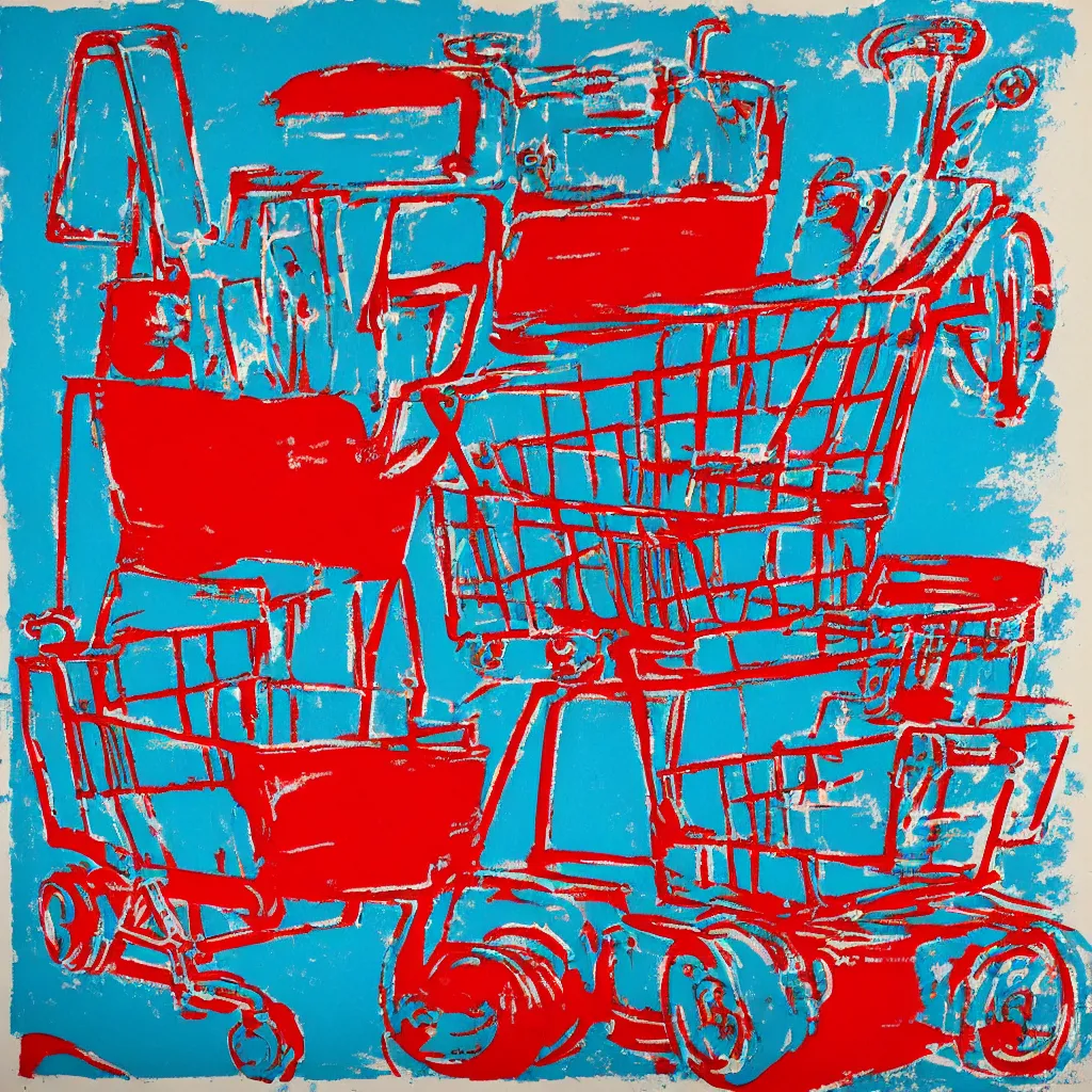 Prompt: painting of a shopping cart with monster truck wheels and large exhaust pipes in the style of andy warhol