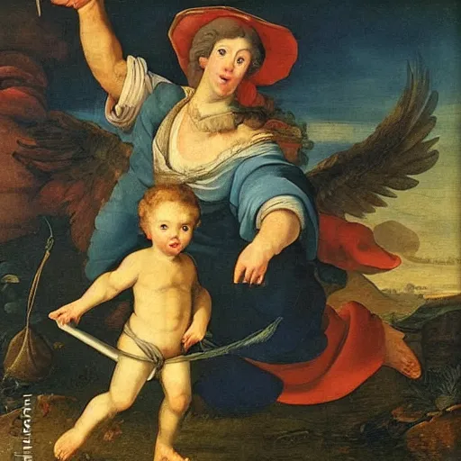 Prompt: an oil painting of a young tobias accompanied by an angel, full size, carrying a fish, very detailed, by carlo maratta