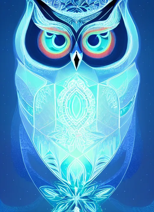 Image similar to symmetry!! product render poster vivid colors divine proportion owl, ice and snow, glowing fog intricate, elegant, highly detailed, digital painting, artstation, concept art, smooth, sharp focus, illustration,