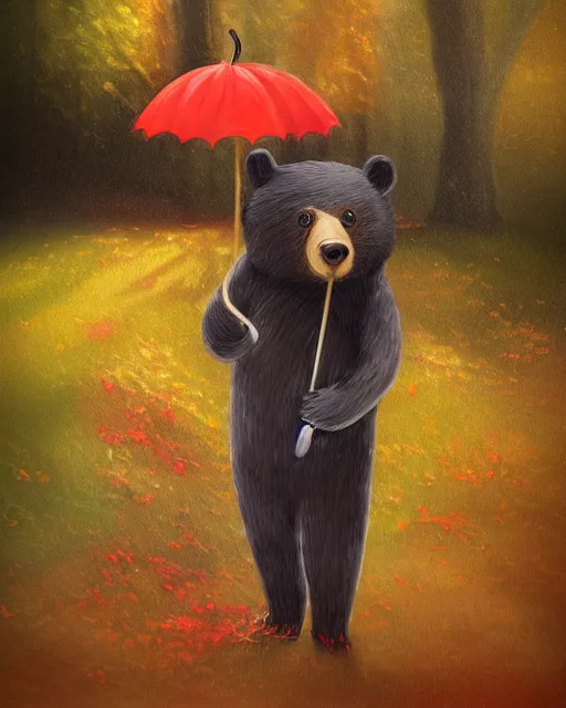 Image similar to autumn a bear with an umbrella by samuel smith trending on artstation