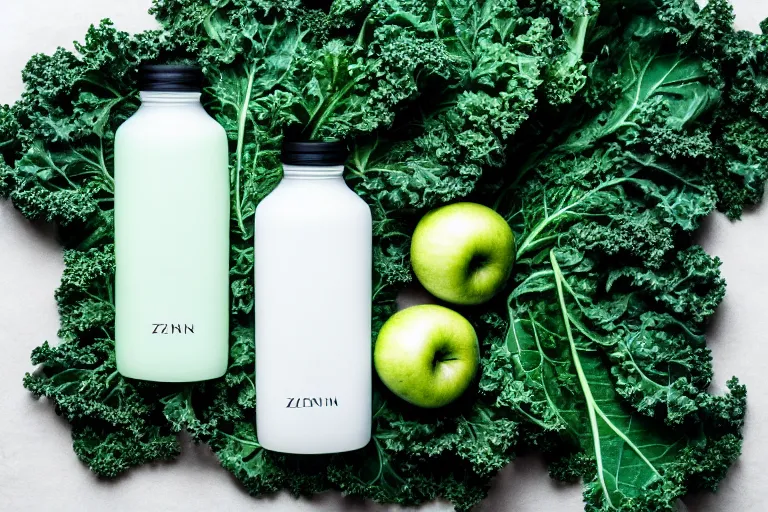 Prompt: minimalist zen juice bottle on a zen minimalist white table lying on blanket of kale and sliced green apples, intricate detail, high quality, hyperrealistic,