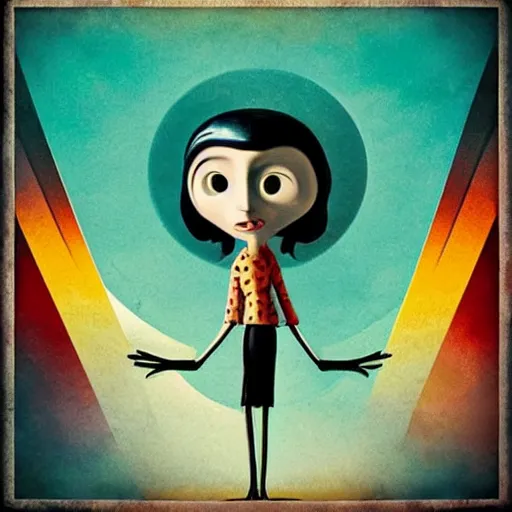 Image similar to “1950s art deco of the movie ‘Coraline’ under planets and stars in the background, retro poster, teal palette.”