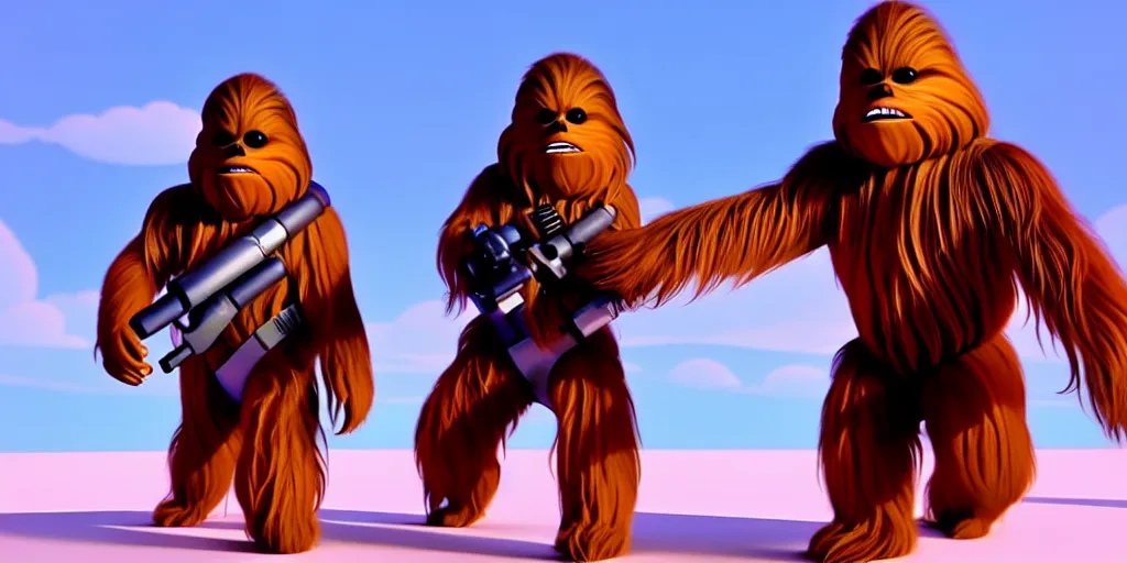 Image similar to a wholesome animation key shot of a chewbacca pixar and disney animation sharp render 3 d animated, cinematic lighting