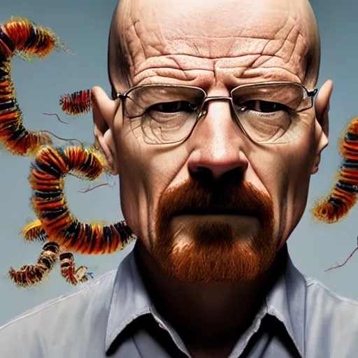 Image similar to Walter White with worms coming out of his head. Hyper realistic image, award winning photography