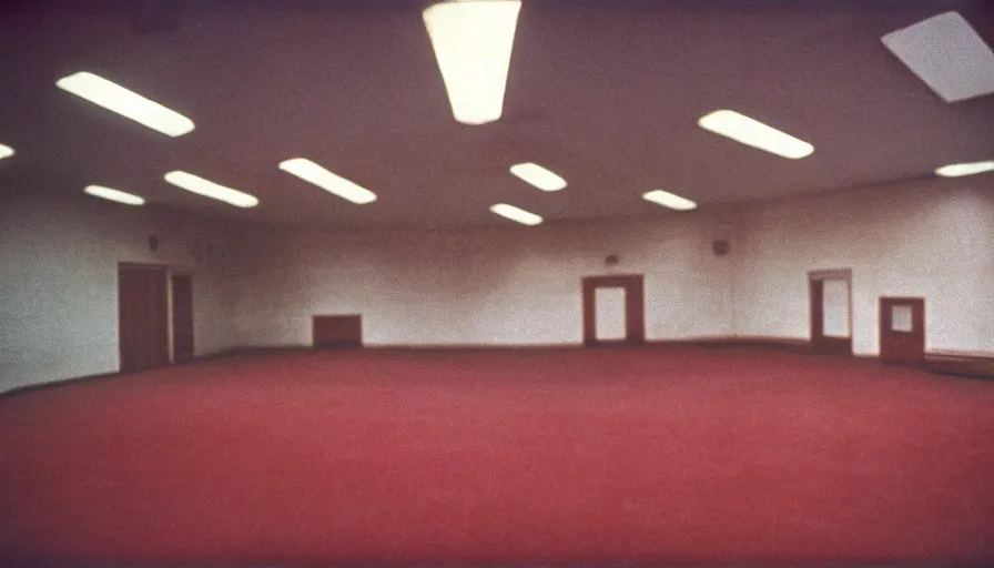 Prompt: 60s movie still of a sovietic stalinist style empty ballroom with chairs and soviet flags, cinestill 800t 50mm eastmancolor, liminal Space style, heavy grain-s 150