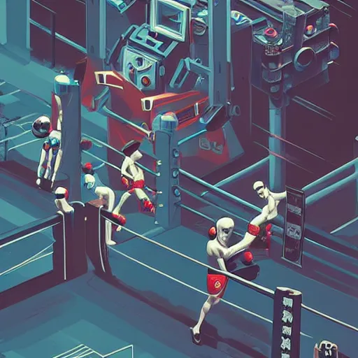 Image similar to a beautiful highly detailed vector illustration close up of a boxing match with robots in a factory, punk styling by atey ghailan, cliff chiang, loish and goro fujita, silver, silver, brown, black, blue and cyan tones, featured on artstation, featured on behance, grunge aesthetic