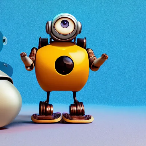 Image similar to two small chubby bots, hyperdetailed colourful, smooth panelling, intricate detail, holding, single eye, style of cute pokemon, rusty arms, antenna, gerbil, floating, white studio, mechanical, cute toy, wall - e, ambient light, in the style of pixar animation, pokedstudios,, blender, octane render, 8 k,