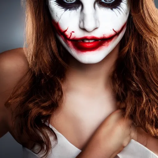 Image similar to photographic Close-up portrait of a beautiful girl with clear eyes and light brown hair , illuminated by a dramatic light, Low key lighting, light dark, High constrast, dramatic , flash studio, in the style of Joker ,dark background, high quality,photo-realistic, 8K,-H 704