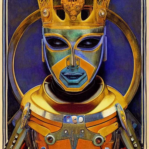 Prompt: the masked robot prince wearing the plasma crown, by Annie Swynnerton and Diego Rivera and Elihu Vedder, symbolist, dramatic lighting, elaborate geometric ornament, tattoos, Art Brut, soft cool colors,smooth, sharp focus, extremely detailed, Adolf Wölfli and Donato Giancola