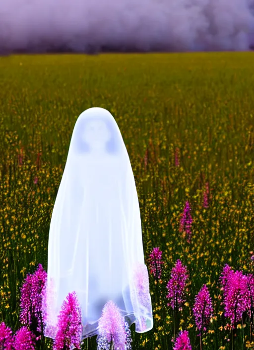 Prompt: photo of a highly detailed transparent ghost figure made of cloth and smoke stands in a field of flowers