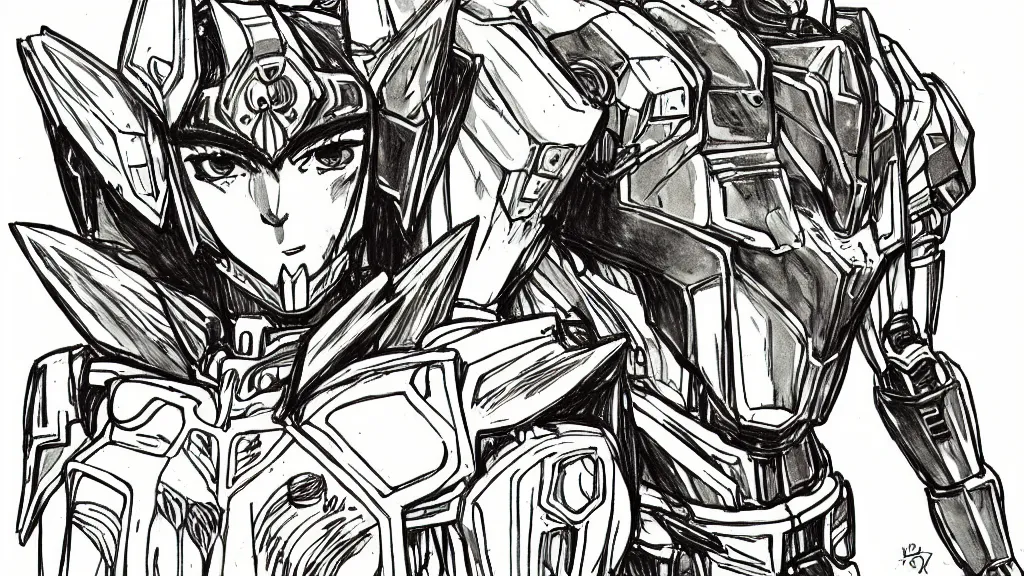 Image similar to prompt: human Fragile looking character portrait face, Human inside modernistic looking armor with wild hairstyle, inspired by Evangeleon and Gundam anime, clean ink detailed line drawing, intricate detail, high detail, manga 1980, poster composition