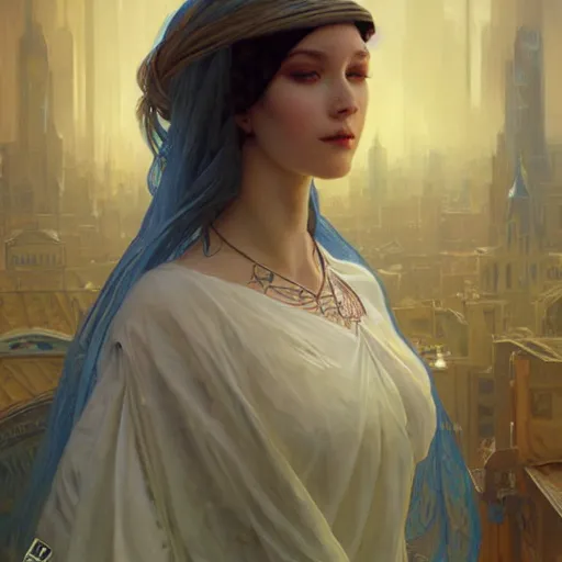 Prompt: portrait of a humanoid robot wearing a veil, mystic, mystical, intricate, headshot, highly detailed, digital painting, artstation, concept art, sharp focus, cinematic lighting, digital painting, art by artgerm and greg rutkowski, alphonse mucha, cgsociety