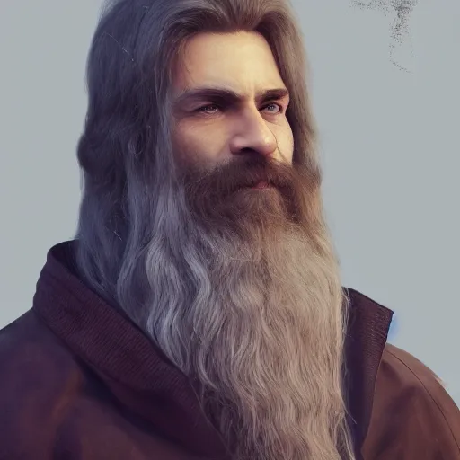 Image similar to a highly detailed portrait of a man without a beard, purple eyes, light gray long hair, wearing a black cloak, artstation, DeviantArt, professional, octane render