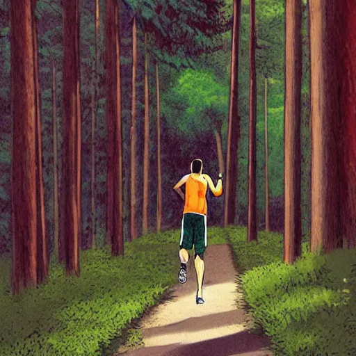 Prompt: a sporty guy runs alone through a forest with tall trees, acid-green sneakers, a shot from the back in perspective, art by Robert Kirkman,