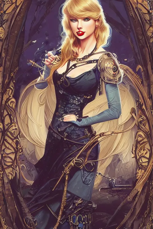 Image similar to taylor swift as a steampunk princess, blonde hair, high fantasy, dnd, smooth, sharp focus, illustration, highly detailed, digital painting, artstation, concept art, by disney animation, rossdraws, alphonse mucha, frank fanzzeta, collectible card art