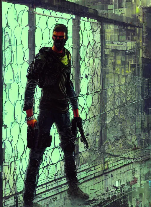 Image similar to Ezra. Cyberpunk mercenary in tactical gear scaling a security fence. rb6s, (Cyberpunk 2077), blade runner 2049, (matrix) Concept art by James Gurney, Craig Mullins and Alphonso Mucha. painting with Vivid color.