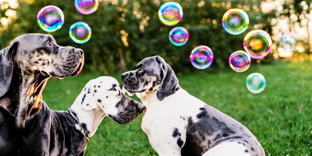 Prompt: a tiny adorable kitten and an elderly great dane are the best of friends, golden hour, back yard, giant iridescent soap bubbles fill the air, bokeh