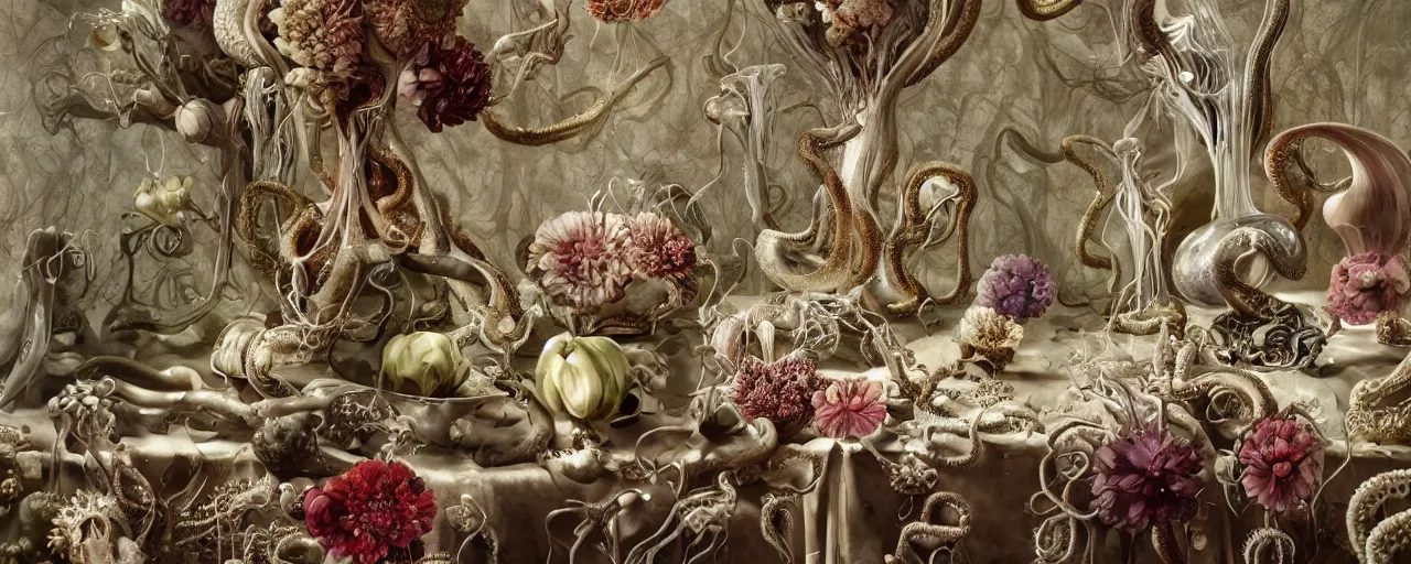 Prompt: ultradetailed reailistic still life with jelly flowers by ernst haeckel, caravaggio, roger dean and andrei tarkovsky, beautiful beige drapes and colourful vases with patterns, lovecraftian horror, tentacles, wide angle, cinematic, rich ethereal colours, octane render, bokeh, unreal engine, 4k 3d render